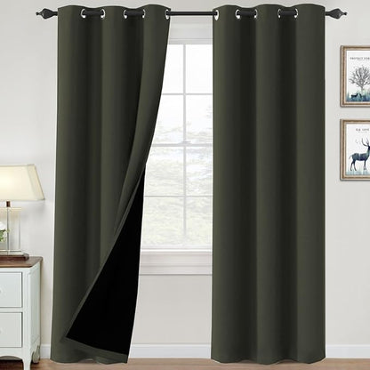 H.VERSAILTEX 100% Blackout Curtains for Bedroom Thermal Insulated Blackout Curtains Heat and Full Light Blocking Curtains for Living Room with Black Liner 2 Panels Set, 42 x 84 Inch, Olive