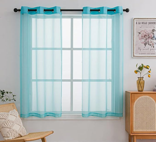PI Teal Sheer Short Curtains 63 Inches Long with Ring Top,See Through Sheer Voile Window Treatment for Study Room/Kitchen 2 Panels (W42 X L63, Lake Blue)