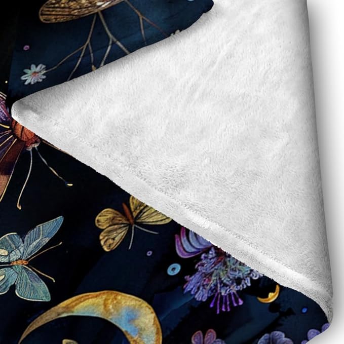 Celestial Witch Garden Throw Blankets Butterfly Moon Flower Fleece Throw Blanket,Dark Botanical Floral Plant Boho Cozy Decor Nap Blankets for Sofa Bed Couch Chair or Dorm Throws 70"x80"