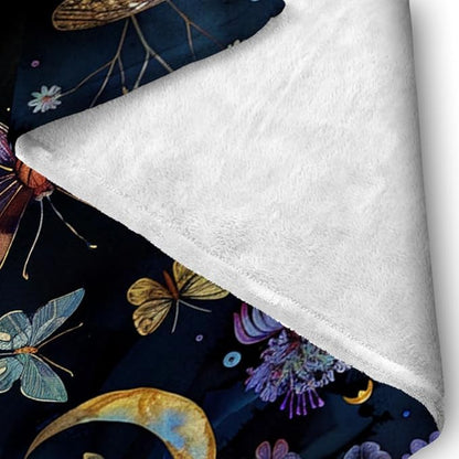 Celestial Witch Garden Throw Blankets Butterfly Moon Flower Fleece Throw Blanket,Dark Botanical Floral Plant Boho Cozy Decor Nap Blankets for Sofa Bed Couch Chair or Dorm Throws 70"x80"