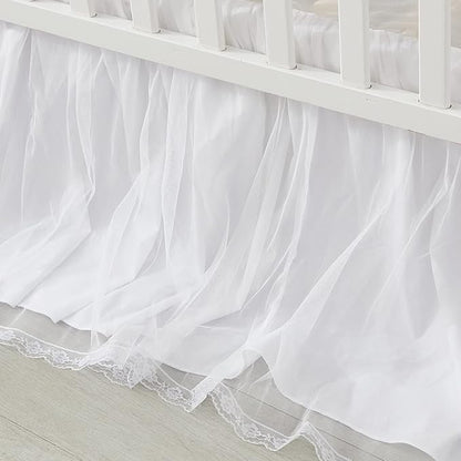 Brandream Crib Bed Skirt for Baby Girls Boys White Lace Tulle Ballerina Girls Dust Ruffle Double Layered with Solid Cotton Toddler Bedskirt