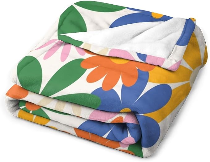 70s Retro Flower Throw Blanket, 60s Vintage Groovy Daisy Flowers Boho Hippie Bright Colorful Floral Print Blanket for Couch Chair Sofa Bed Dorm Bedroom Home 50"x60"