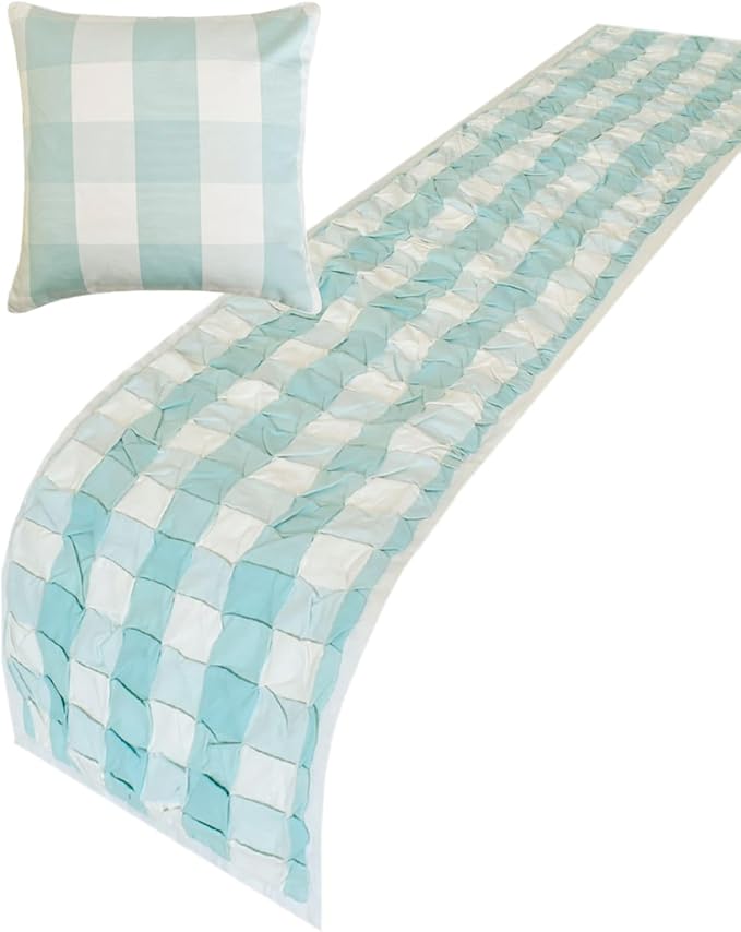 The HomeCentric King/Queen/Twin Aqua Decorative Bed Runner King 90"x18" Bed Runner with Two Pillow Cover, Checkered, Buffalo Plaid, Check Bed Scarf on Cotton Fabric - Aqua Plaid Knots
