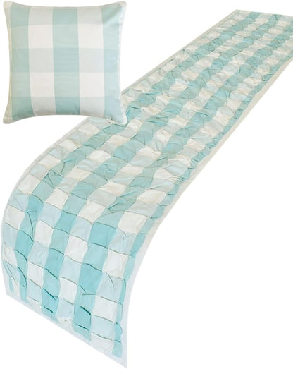 The HomeCentric King/Queen/Twin Aqua Decorative Bed Runner Queen 74"x18" Bed Runner with Two Pillow Cover, Checkered, Buffalo Plaid, Check Bed Scarf on Cotton Fabric - Aqua Plaid Knots
