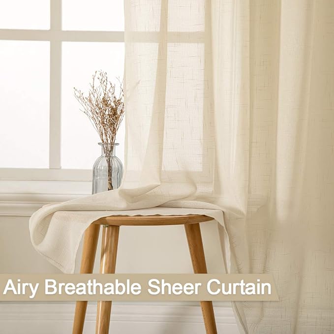 MIULEE 2 Panel 108 Inch Natural Light Beige Linen Semi Sheer Window Curtains Elegant Solid Drapes Grommet Top Window Voile Panels Linen Textured Panels for Sliding Door Living Room (52" W X 108" L)
