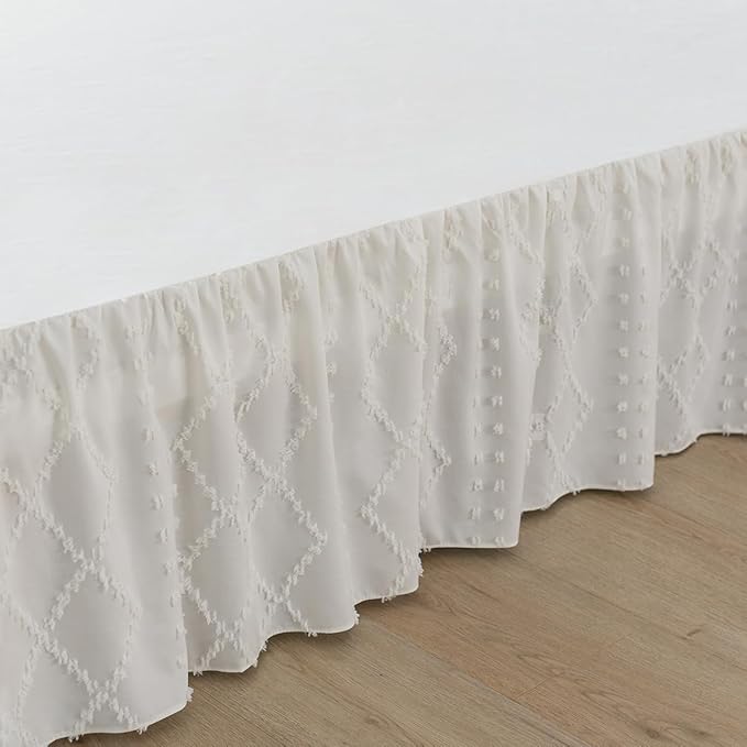 Bed Skirt Queen Size Ruffled Bed Skirt with Split Corners, 18 Inch Drop Dust Ruffle Bed Skirts with Platform, Boho Tufted Shabby Chic Queen Size Bed Skirts, Ivory