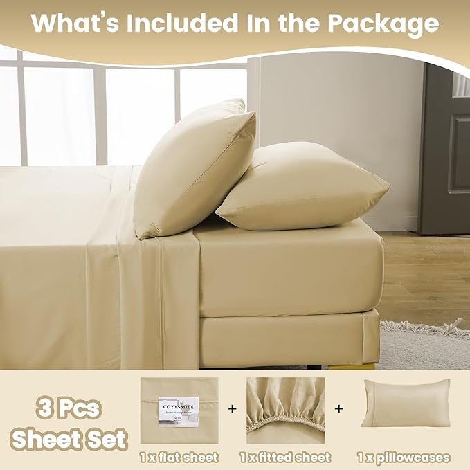 Silky Soft Twin XL Sheet Set - Luxury 3 Piece Breathable Cooling Microfiber Sheets, 16" Deep Pocket Easy Care Wrinkle Free Bedding Sheet and Pillowcase Set, Beige