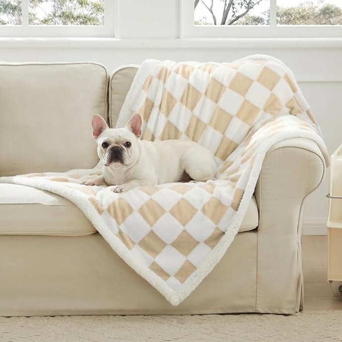 Checkered Dog Blanket, Beige Khaki Jacquard Sherpa Blankets for Small Dog and Cats, Cute Aesthetic Style Fluffy Fleece Pets Blanket for Couch Protection Washable, 30"x40"