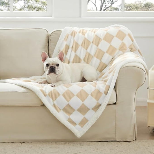 Checkered Dog Blanket, Beige Khaki Jacquard Sherpa Blankets for Small Dog and Cats, Cute Aesthetic Style Fluffy Fleece Pets Blanket for Couch Protection Washable, 40"x50"