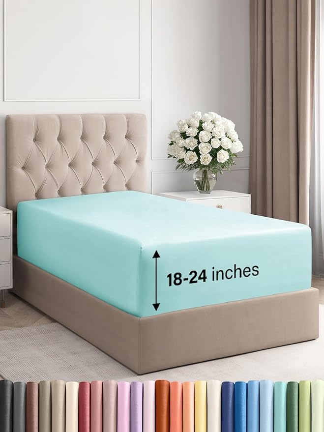 Extra Deep Twin XL Fitted Sheet - Hotel Luxury Single Fitted Sheet Only - Easily Fits 18 inch to 24 inch Mattress - Ultra Soft, Wrinkle & Fade Free w/Extra Deep Pocket - Breathable & Comfy - Spa Blue
