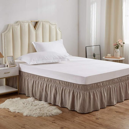 MEILA Wrap Around Bed Skirt Three Fabric Sides Elastic Dust Ruffled 24 Inch Tailored Drop,Easy to Install Fade Resistant-Taupe, Queen/King