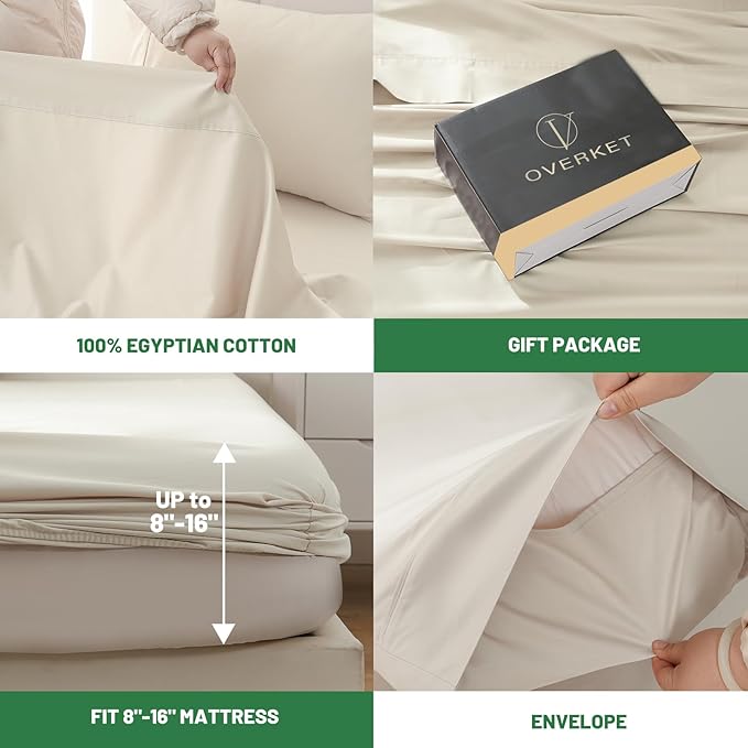 100% Egyptian Cotton Sheets King Size 4PCS 1000 Thread Count Sateen Weave Soft Breathable 16-Inch Deep Pocket （King,Linen）