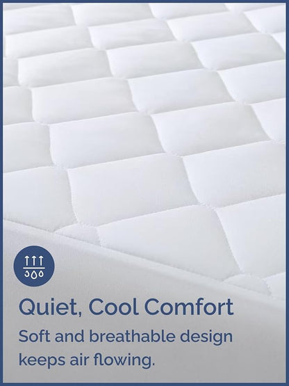 Quilted Fitted Mattress Pad King Size - Elastic Fitted Mattress Topper Protector & Cover - Breathable, Soft, Low Profile Top Cover with 8-16 Inch Deep Pockets - Easy-Fit and Machine Washable - White