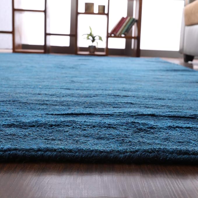Hand Knotted Loom Wool ECO-Friendly Area Rugs - 4'x6', Rectangle, Blue Color, Solid Plain Design, High Pile Thick Handmade Anti Skid Area Rugs for Living Room, Bed Room (L00111)
