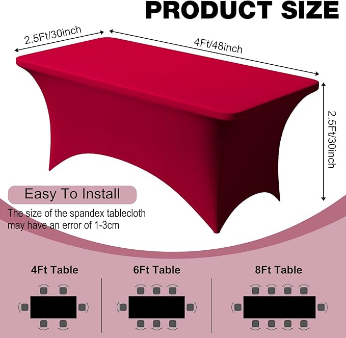 Trlyc 1 Pack 4FT Spandex Table Cloth - 48 x 30 Inch Rectangular Stretch Tablecloth, Wrinkle Resistant Scretch Table Cover for Wedding, Party, Banquet, Picnic, Outdoor Decoration (1Pcs,Burgundy)