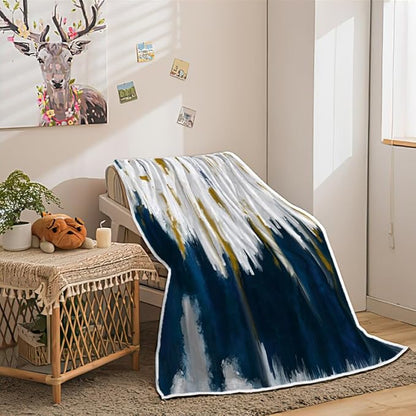 Abstract Ombre Throw Blankets, Modren Chic Art Oil Painting Cozy Warm Bed Couch Blanket, Blue Gold White Fleece Flannel Throws to Decorate The Room and Bedroom