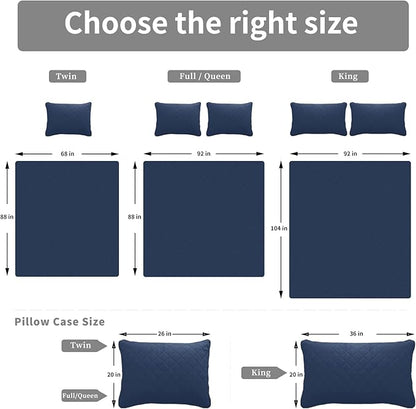Easy-Going King Size Reversible Quilt Set with 1 Quilt and 2 Pillow Shams, Soft Bed Quilt Cover, Water Resistant Lightweight Microfiber Bedspread, Stain Resistant, Dark Blue/Light Blue
