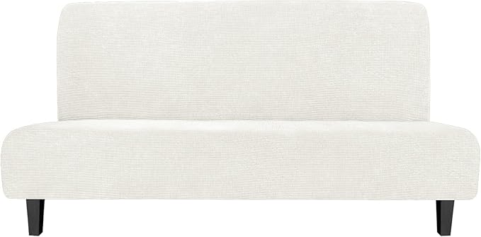 Easy-Going Stretch Futon Slipcover Armless Futon Bed Cover Furniture Protector Without Armrests with Elastic Bottom for Kids, Soft Jacquard Fabric Small Checks (Large, Cream)