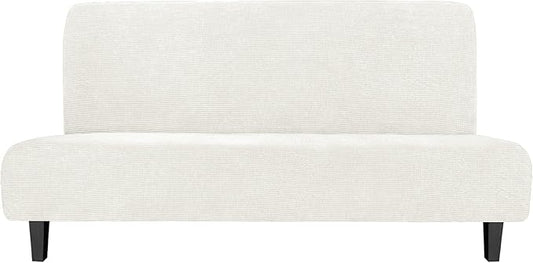 Easy-Going Stretch Futon Slipcover Armless Futon Bed Cover Furniture Protector Without Armrests with Elastic Bottom for Kids, Soft Jacquard Fabric Small Checks (Large, Cream)