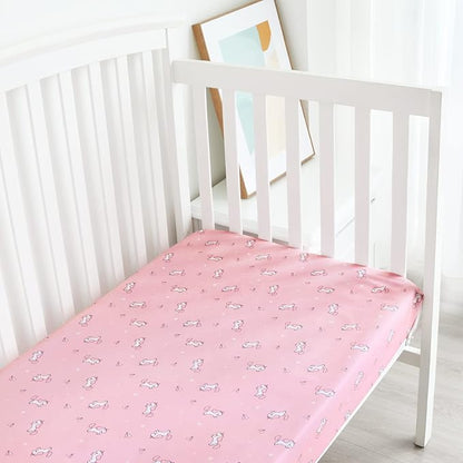 Girl Crib Sheets 4-Pack, Fitted Sheets 52'' x 28'' for Standard & Toddler Mattress, Soft Breathable Material, Neutral & Pink