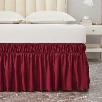 MEILA Wrap Around Bed Skirt Three Fabric Sides Elastic Dust Ruffled 14 Inch Tailored Drop,Easy to Install Fade Resistant-Burgundy, Twin/Full