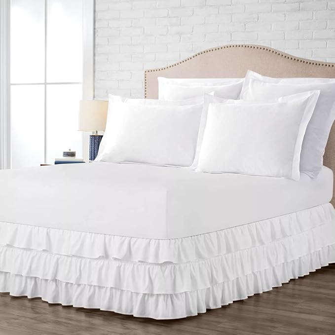 Multi-Ruffle Bed Skirt, Soft Multi Ruffle Bed Skirt Elastic Dust Ruffles with Wrap Around Bed Skirt Easy Fit with 18 Inch Drop 100% Cotton 800 Thread Count Bed Skirt (Twin XL, White)
