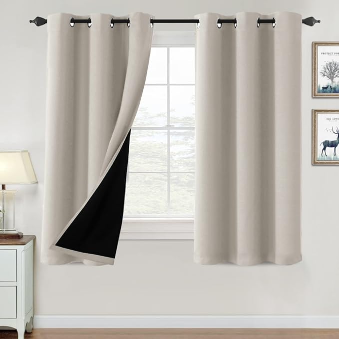 H.VERSAILTEX 100% Blackout Curtains for Bedroom Thermal Insulated Blackout Curtains 63 inch Length Heat and Full Light Blocking Curtains for Living Room with Black Liner 2 Panels Set, Pumice Stone