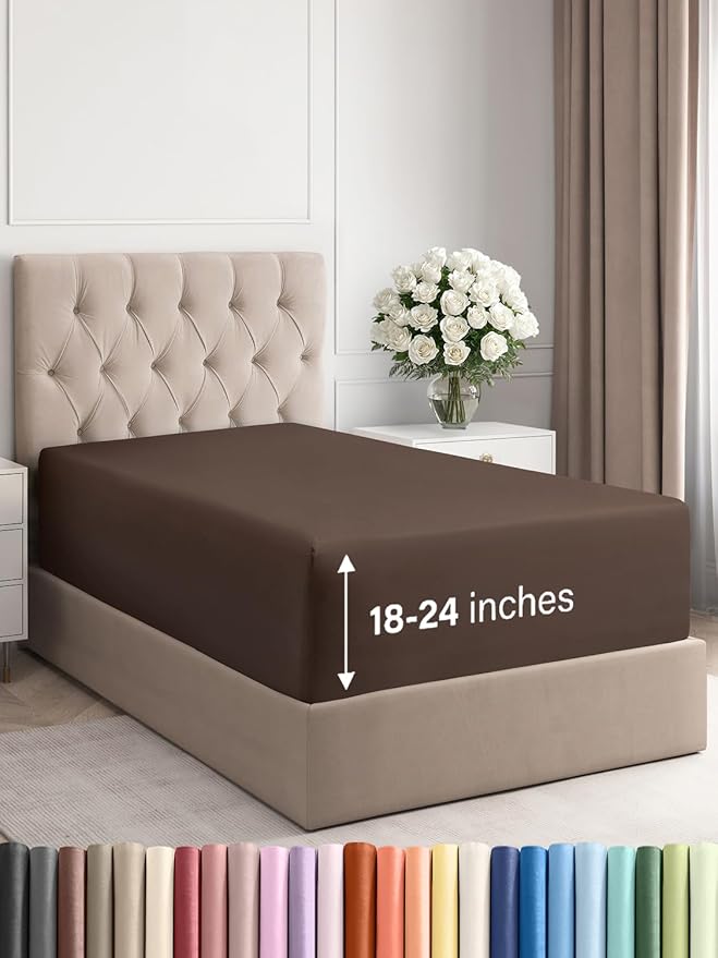 Extra Deep Twin Fitted Sheet - Hotel Luxury Single Fitted Sheet Only - Easily Fits 18 inch to 24 inch Mattress - Ultra Soft, Wrinkle Free w/Extra Deep Pockets - Easy-Care, Breathable & Comfy - Brown