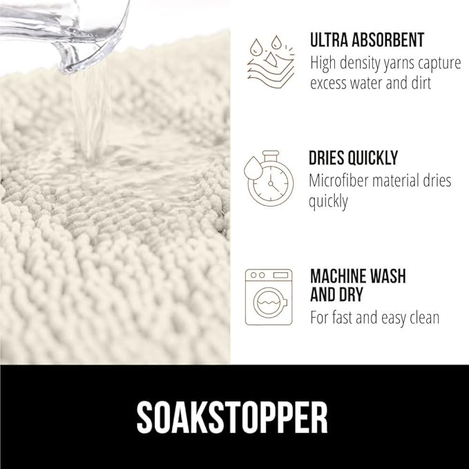 GORILLA GRIP SOAKSTOPPER Dog Door Mat, 30x20 Machine Washable Rug Absorbent Doormat Captures Moisture Mud Dirt, Quick Dry Soft Chenille Entryway Rugs Indoor Entrance Mats for Dog Paws, Cream