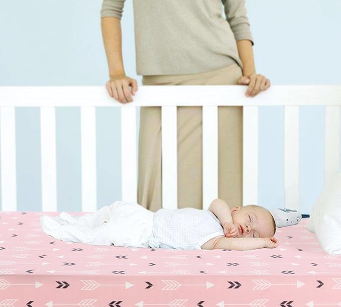 Stretchy Fitted Pack n Play Playard Sheet Set BROLEX 2 Pack Portable Mini Crib Sheets,Convertible Playard Mattress Cover,Ultra Soft Material,Pink White Arrow