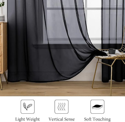 MIULEE 2 Panels Solid Color Sheer Window Curtains Elegant Halloween Window Voile Panels/Drapes/Treatment for Bedroom Living Room (54X90 Inches Black)