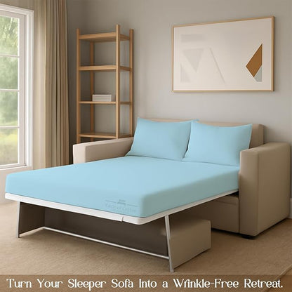 Sleeper Sofa 4 Piece Bed Sheet Set Premium Quality 100% Cotton 500 Thread Count, Smooth & Super Soft Sateen Weave, Extra Soft Bed Sheets, Wrinkle Free, 8 Inch Deep Pocket (Full, Light Blue)