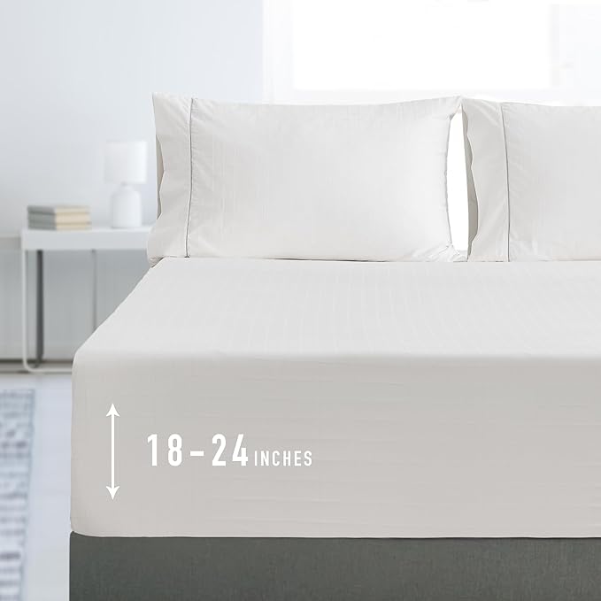 Sunflower Queen Fitted Sheet, 1-Piece Extra Deep Pocket Fitted Bottom Sheet 22", 100% Cotton Jacquard Damask Sheets Sateen Weave Soft Breathable, White Checkered