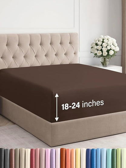Extra Deep Cal King Fitted Sheet - Hotel Luxury Single Fitted Sheet Only - Easily Fits 18 inch to 24 inch Mattress - Ultra Soft, Wrinkle & Fade Free w/Extra Deep Pockets - Breathable & Comfy - Brown