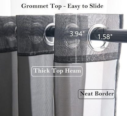 PI Sheer Curtains with Ring Top 72 Inches, Black Voile Textured Window Curtain for Apartment 1 Pair 2 Panels (W52 X L72, Black)
