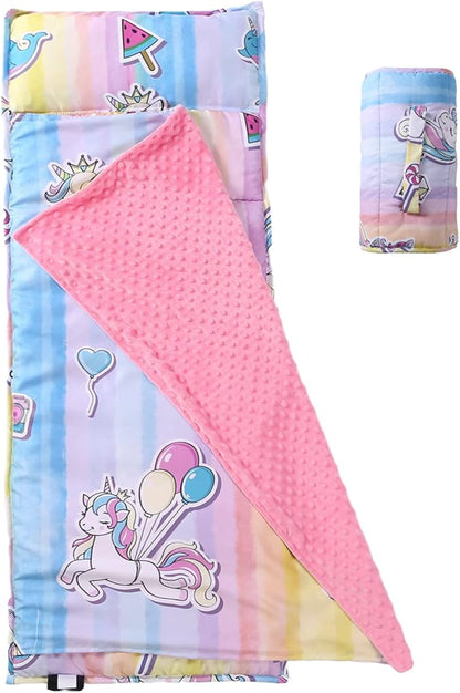 Toddler Nap Mat with Removable Pillow and Minky Blanket,Soft Rolled Napping Mats for Boys and Girls,Lightweight Daycare,Preschool,Travel Toddler Sleeping Slumber Bags-50×20”(Unicorn)