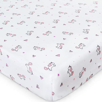 Girl Crib Sheets 4-Pack, Fitted Sheets 52'' x 28'' for Standard & Toddler Mattress, Soft Breathable Material, Neutral & Pink
