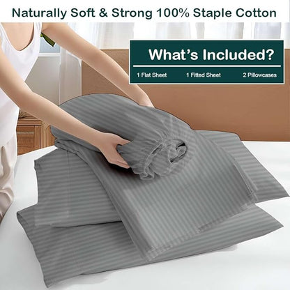 NON Sticky cotton Twin Size Sleeper Sofa Sheets, 4 Piece Egyptian Cotton Bed Sheet Set for Sofa Bed, 10" Deep Pocket for Pull Out Couch Mattress, 39" x 75", Light Grey Stripe, Soft & Breathable