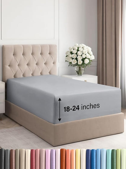 Extra Deep Twin XL Fitted Sheet - Hotel Luxury Single Fitted Sheet Only - Easily Fits 18 inch to 24 inch Mattress - Ultra Soft, Wrinkle Free with Extra Deep Pockets - Breathable & Comfy - Steel Blue