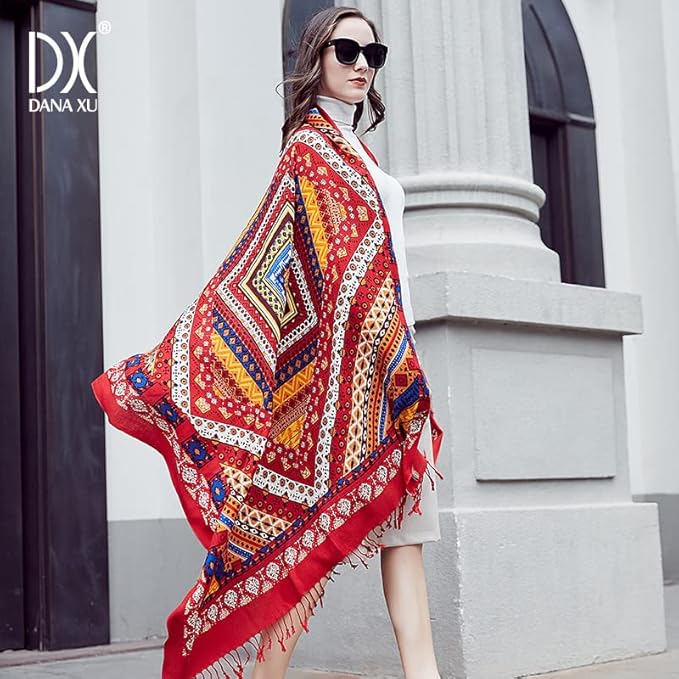 DANA XU 100% Merino Wool Pashmina Shawl for Women 96"x43", Oversized Cashmere Wrap with Tassels, Floral Travel Blanket Cape
