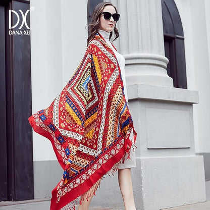 DANA XU 100% Merino Wool Pashmina Shawl for Women 96"x43", Oversized Cashmere Wrap with Tassels, Floral Travel Blanket Cape