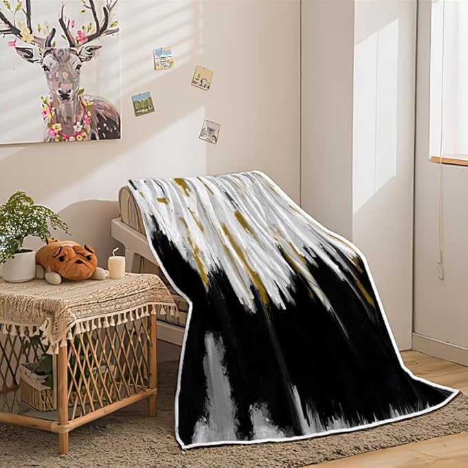 Abstract Ombre Throw Blankets, Modren Chic Art Oil Painting Cozy Warm Bed Couch Blanket, Black Gold White Fleece Flannel Throws to Decorate The Room and Bedroom