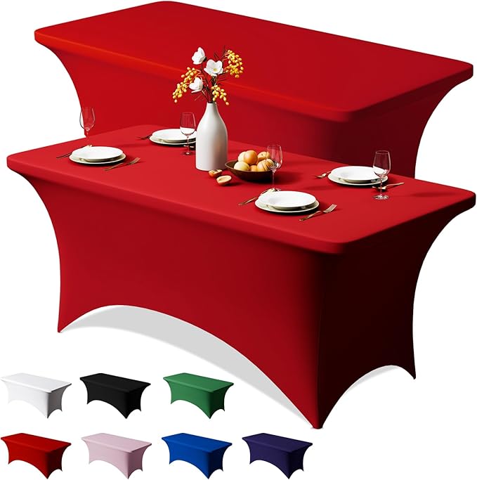 Trlyc 2 Pack 4FT Spandex Table Cloth - 48 x 30 Inch Rectangular Stretch Tablecloth, Wrinkle Resistant Scretch Table Cover for Wedding, Party, Banquet, Picnic, Outdoor Decoration (2Pcs,Red)