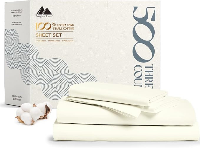 Mayfair Linen 100% Cotton Bed Sheets King Sheet Set - 500 Thread Count Sheets King Size 4 PC Set (Ivory), Soft, Cooling, Hotel-Quality 16" Deep Pocket Sateen Cotton Bedsheet for Hot Sleepers