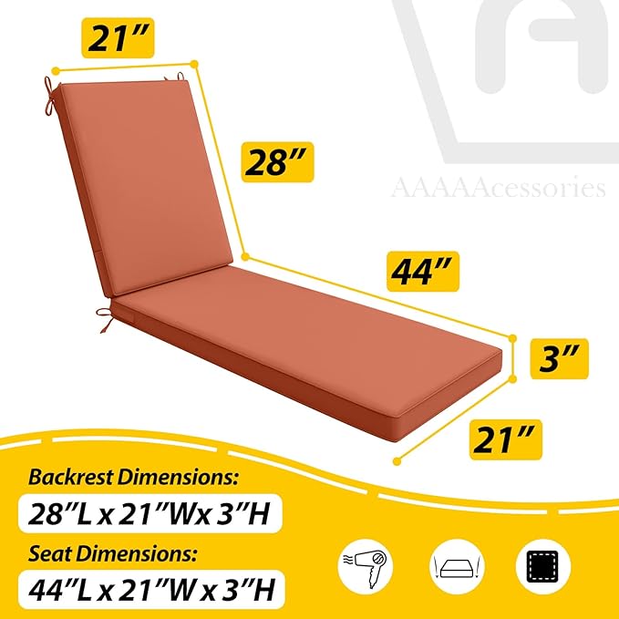 AAAAAcessories Outdoor Chaise Lounge Cushions, Waterproof, Fade-Resistant Patio Furniture Replacement Cushions, 72" x 21" x 3", Rust
