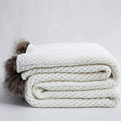 vctops Fur Pom Pom Knit Throw Blanket Super Soft Warm Cozy Cable Knitted Blanket for Sofa and Couch 51 x 63 Inch White