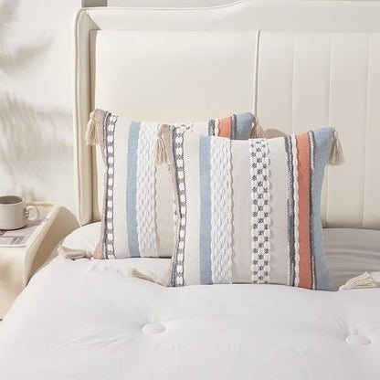 Boho Throw Pillow Covers 18x18 Set of 2 Woven Tufted Farmhouse Pillows Cover with Tassels Textured Striped Cushion Case Neutral Pillow Cases Decorative Pillowcase for Couch,Orange Blue