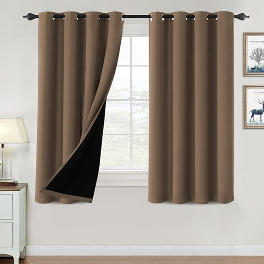 H.VERSAILTEX 100% Blackout Curtains for Bedroom Thermal Insulated Blackout Curtains 54 inch Length Heat and Full Light Blocking Curtains for Living Room with Black Liner 2 Panels Set, Macchiato