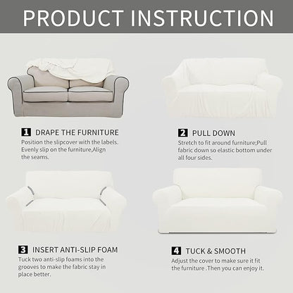 Easy-Going Stretch 4 Seater Sofa Slipcover 1-Piece Sofa Cover Furniture Protector Couch Soft with Elastic Bottom for Kids, Polyester Spandex Jacquard Fabric Small Checks Cream