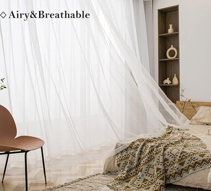 PI Beige Sheer Curtains Long Panels,Ring Top Casual Voile Window Sheer Draperies for Restaurant 2 Panels (W52 X L120, Beige)